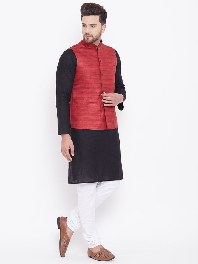 Men's Black Cotton Blend Straight Jacket Kurta and Pyjama Set
