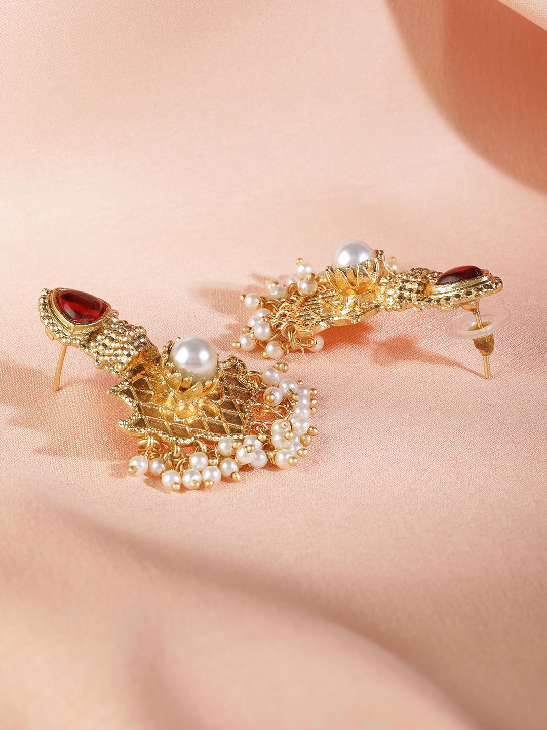 Dhiyona RJ Women's 22K Gold Plated Ruby & Pearl Studded & Beaded Handcrafted Traditional Chandbali