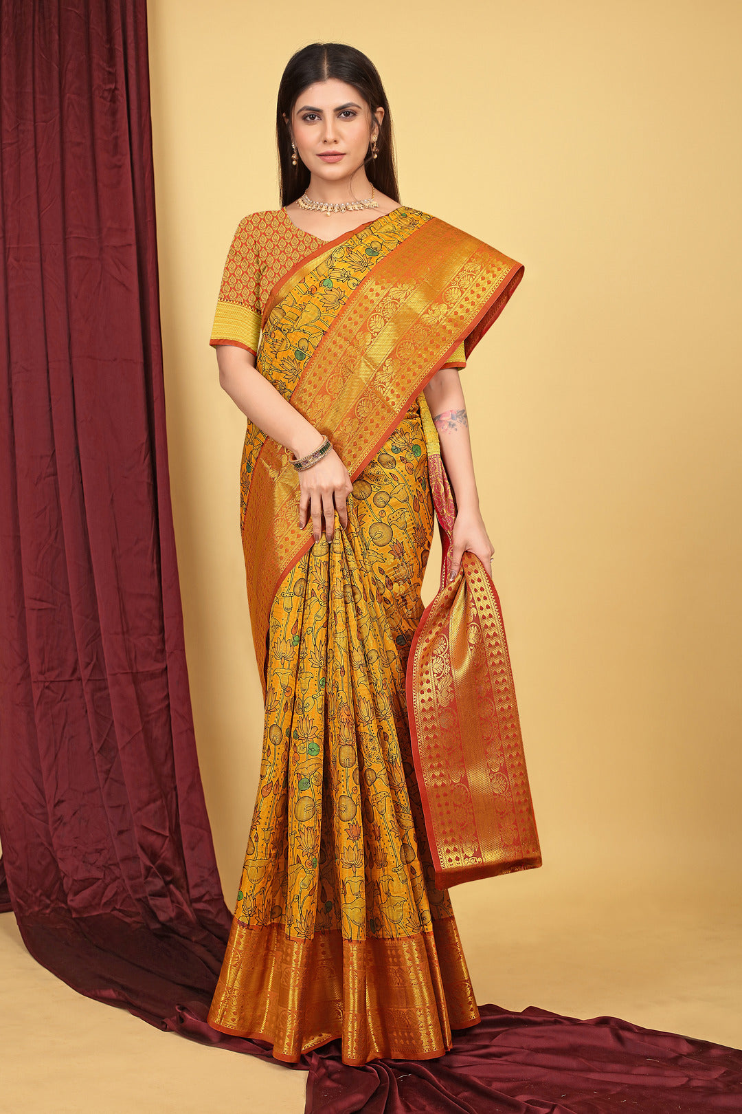Dhiyona GR Women's Mustard Kalamkari Silk Saree
