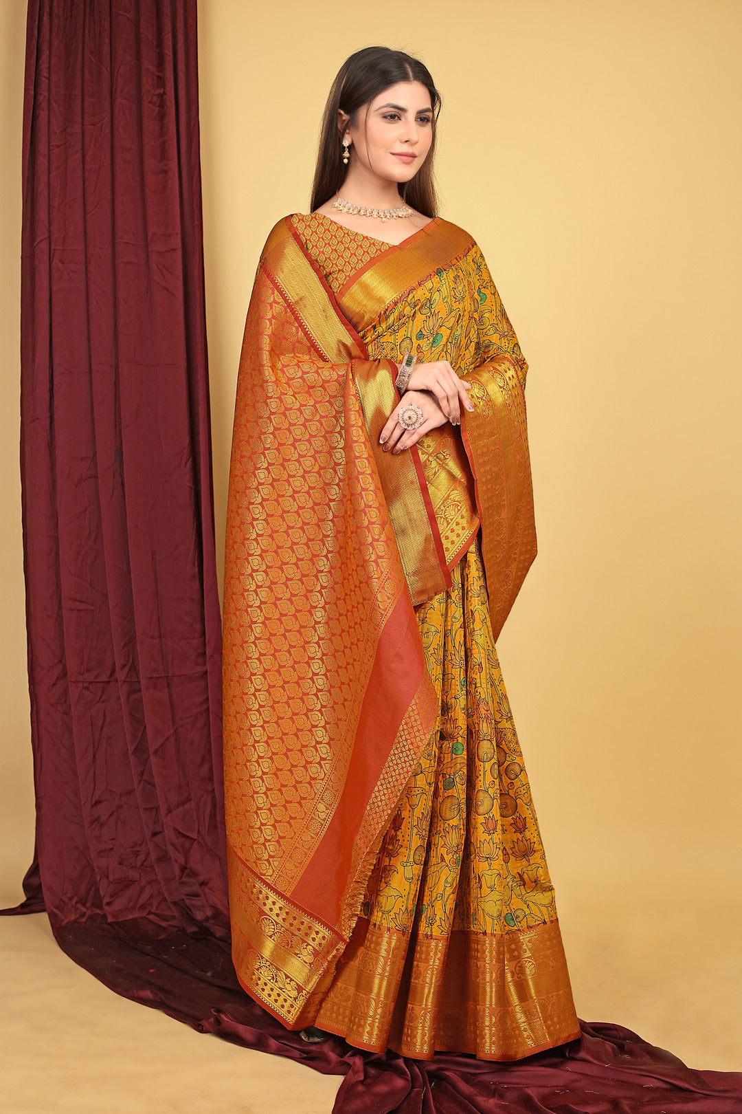 Dhiyona GR Women's Mustard Kalamkari Silk Saree
