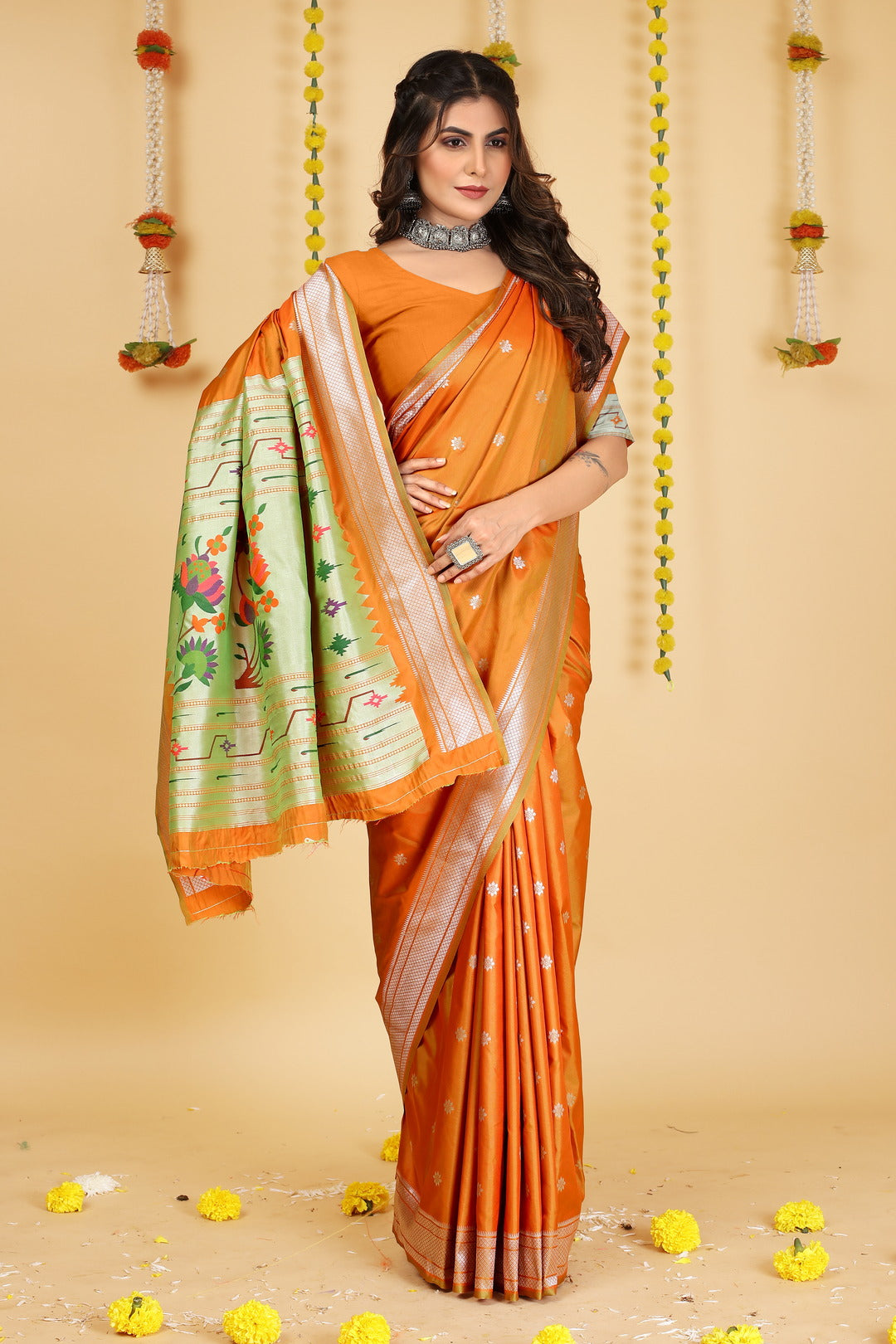 Dhiyona GR Women's Mastani Kesar Orange Zari Paithani Silk Saree