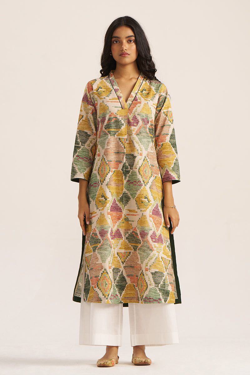 Women's Moss Green and Mustard Cotton Kurta