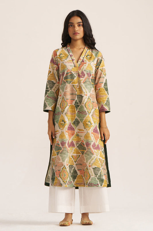 Women's Moss Green and Mustard Cotton Kurta