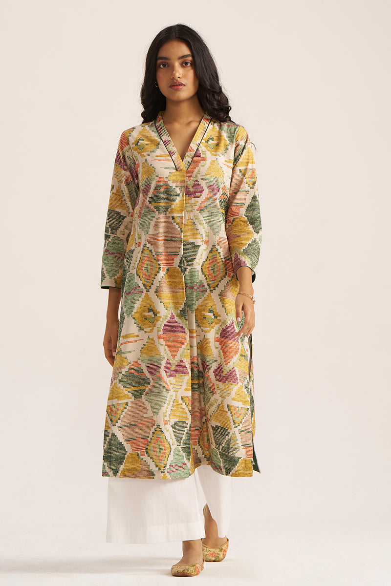 Women's Moss Green and Mustard Cotton Kurta