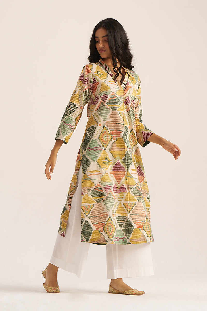 Women's Moss Green and Mustard Cotton Kurta