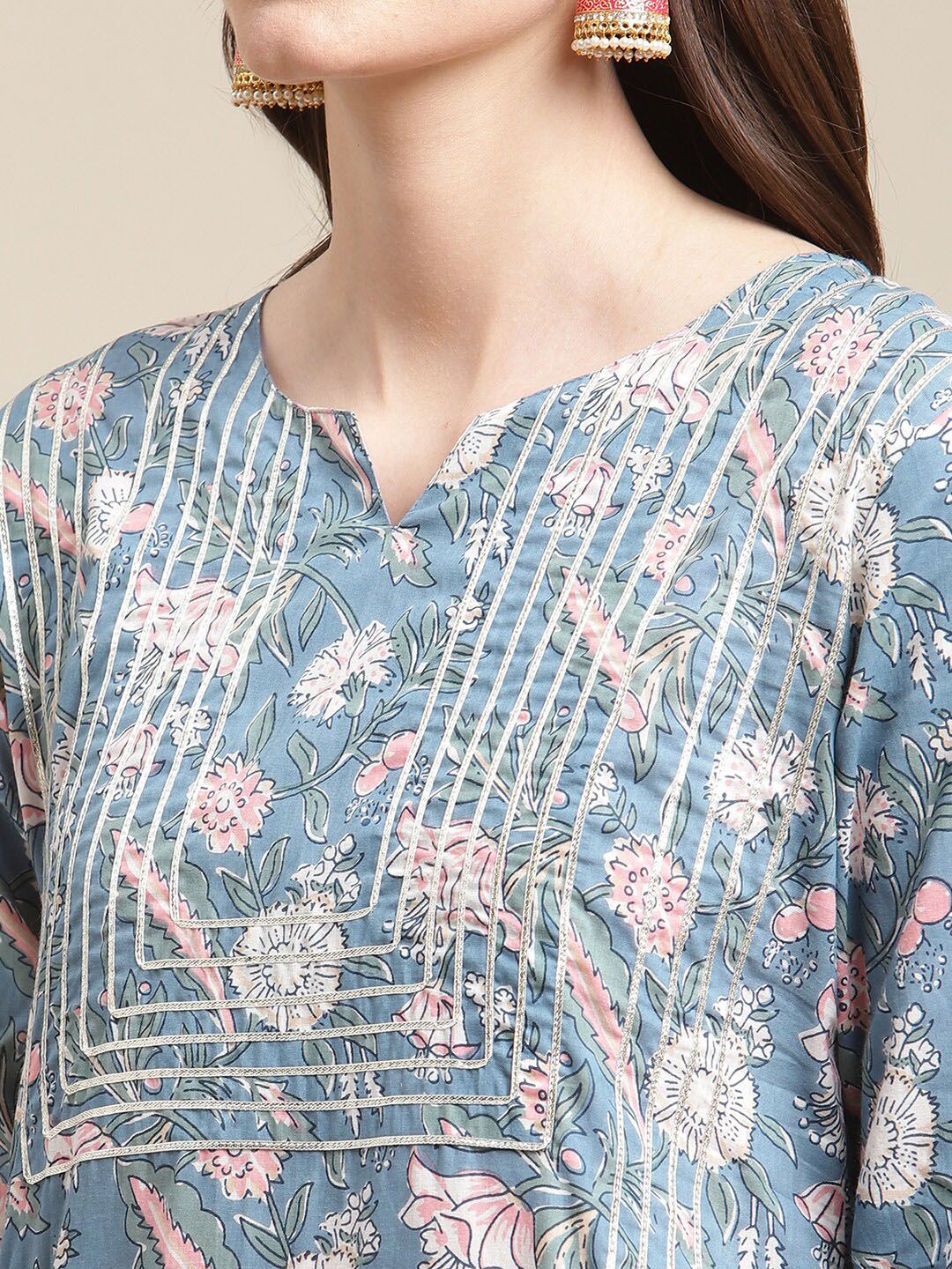 Dhiyona VA Women's Blue Ethnic Motifs Printed Kurta With Palazzos & Dupatta