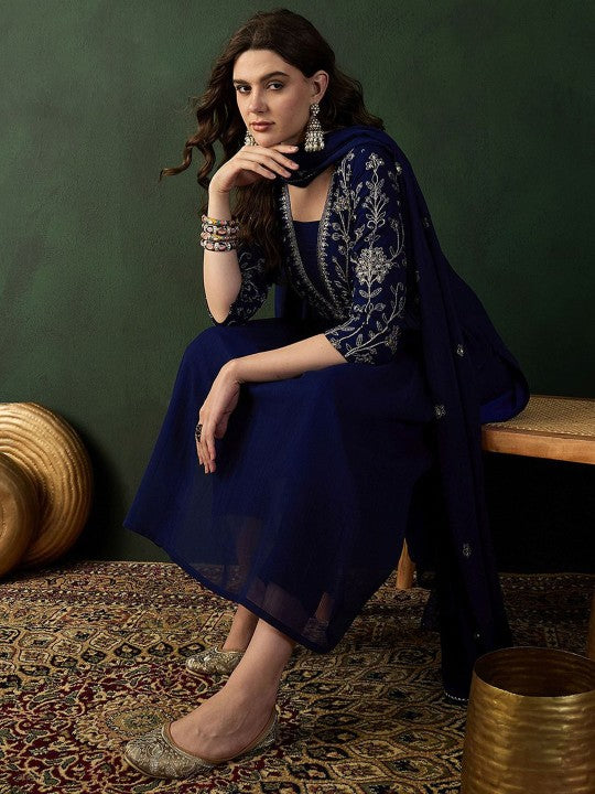 Women's Navy Blue Ethnic Motifs Embroidered A-Line Kurta With Trouser & Dupatta