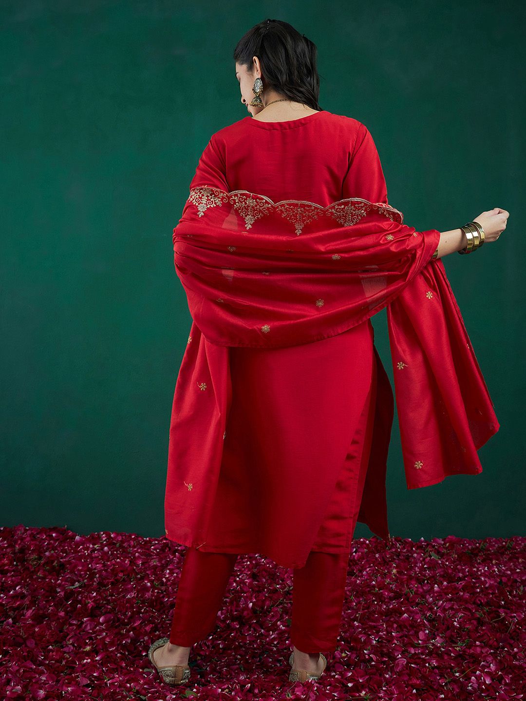 Dhiyona IE Red Ethnic Motifs Embroidered Regular Kurta with Trousers & Dupatta
