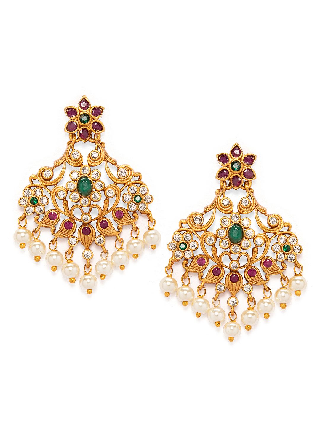 Dhiyona RJ Women's 22K Gold Plated Ruby & Emerald Studded Flower Design Drop Earrings with Pearl Drops