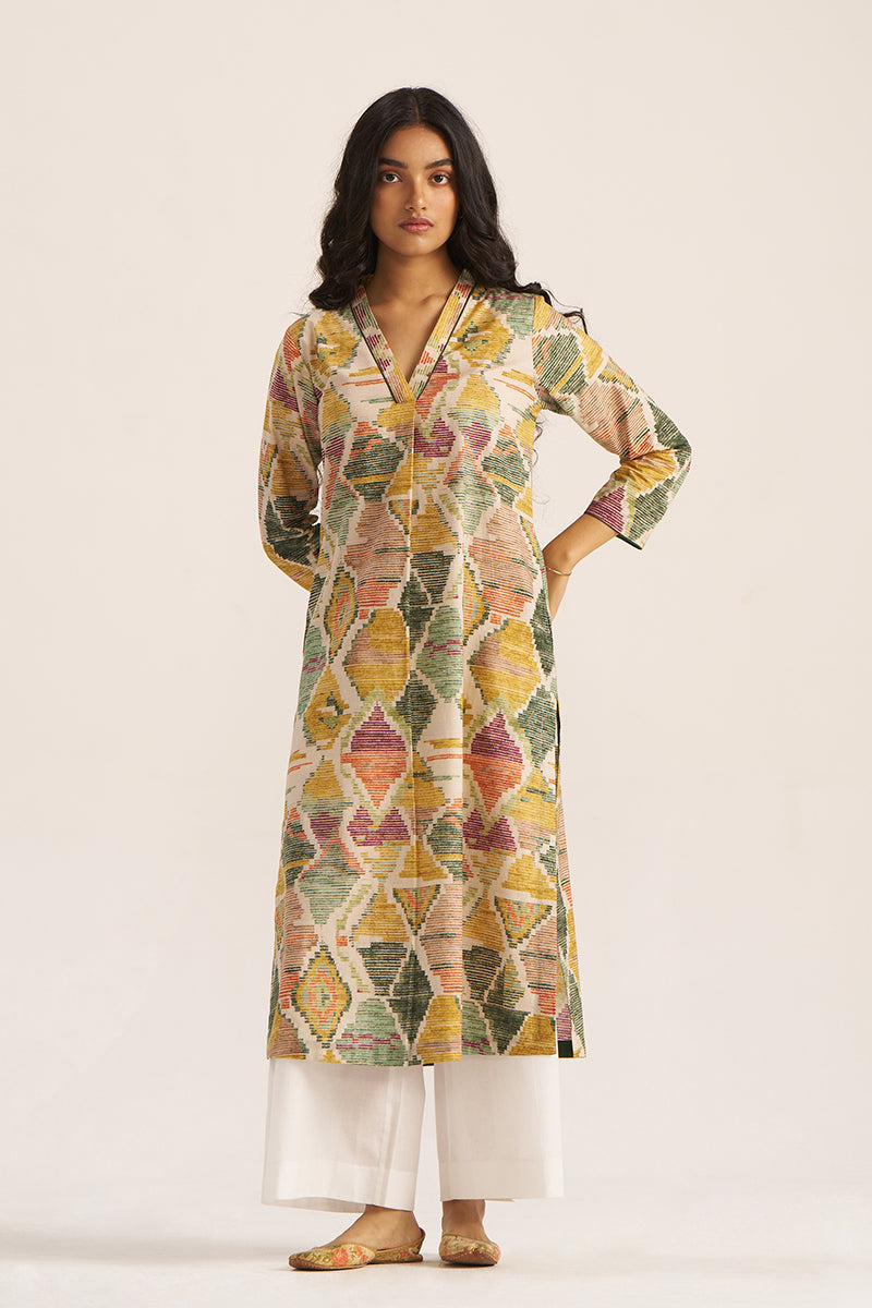 Women's Moss Green and Mustard Cotton Kurta