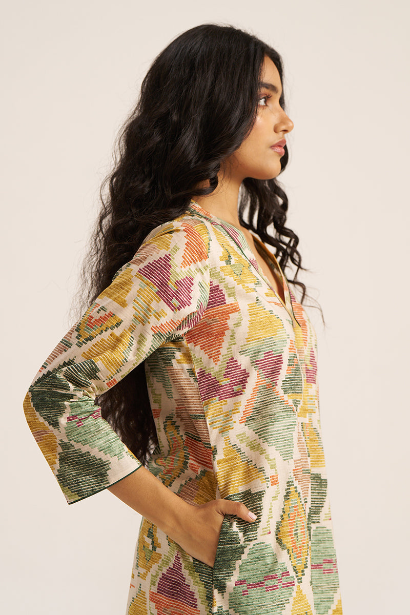 Women's Moss Green and Mustard Cotton Kurta