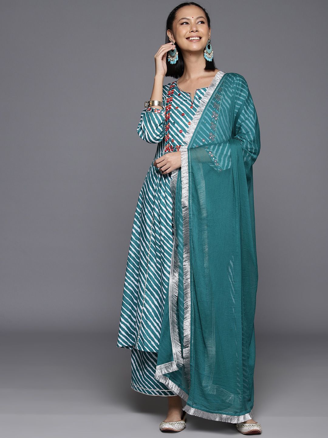 Dhiyona VA Women's Leheriya Striped Regular Mirror Work Cotton Kurta With Trousers & Dupatta