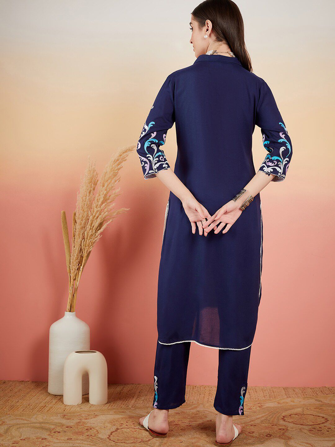 Dhiyona SN Women's Navy Blue Floral Embroidered Shirt Collar Straight Kurta & Trousers