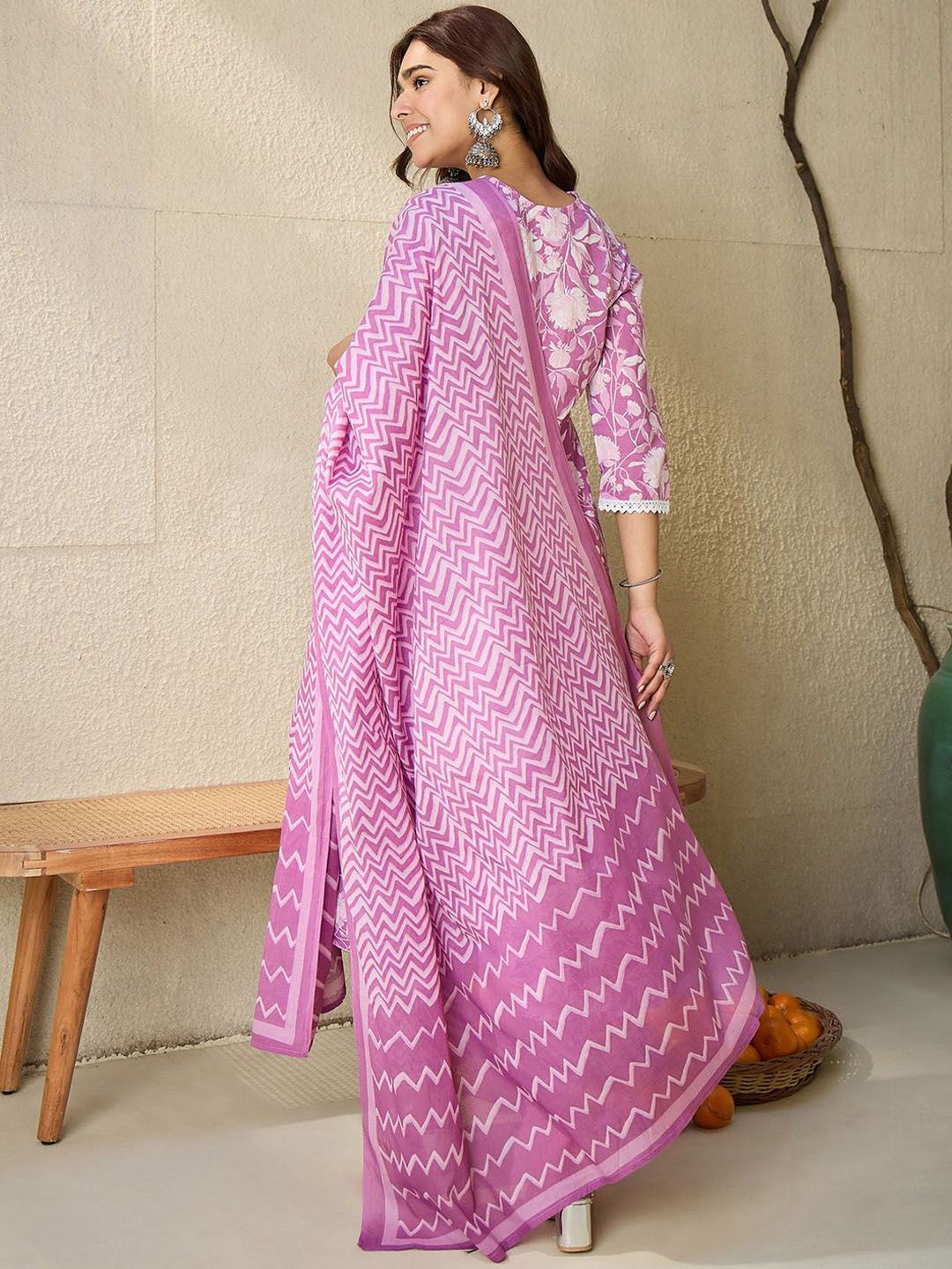 Dhiyona IE Floral Printed V Neck Pure Cotton Panelled A-Line Kurta with Trousers & Dupatta