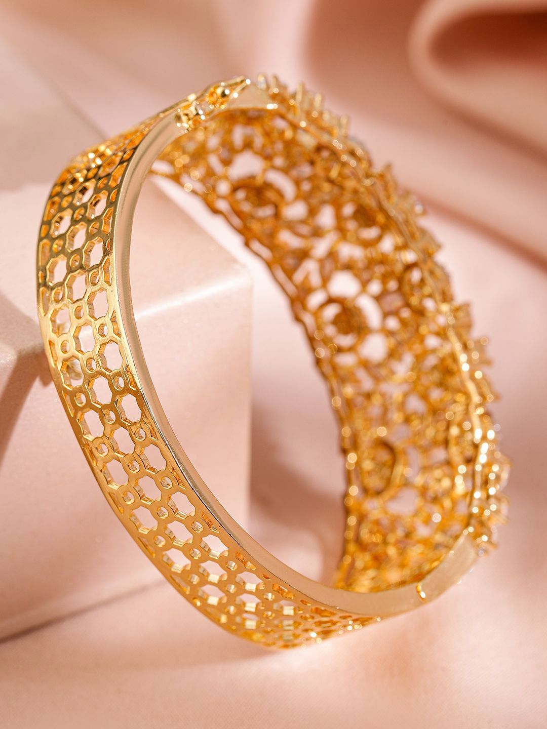 Dhiyona RJ Women's 22K Gold-Plated Cubic Zirconia Studded Floral Filigree Luxe Openable Bracelet
