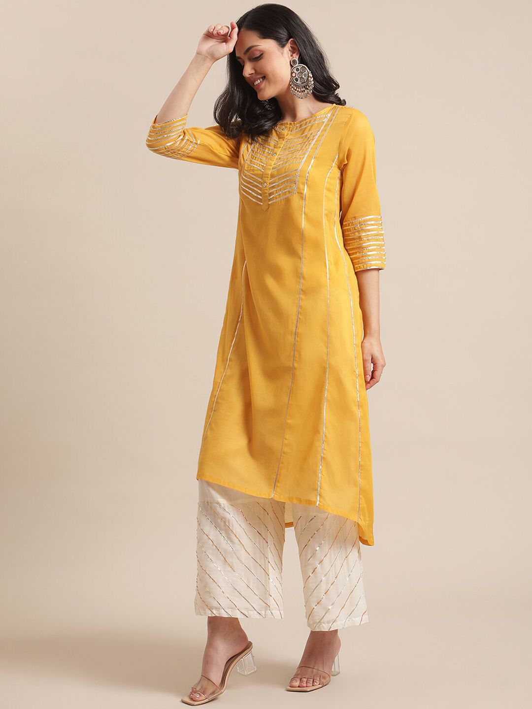 Dhiyona VA Women's Mustard Yellow Panelled Gotta Patti Pure Cotton Kurta with Trousers