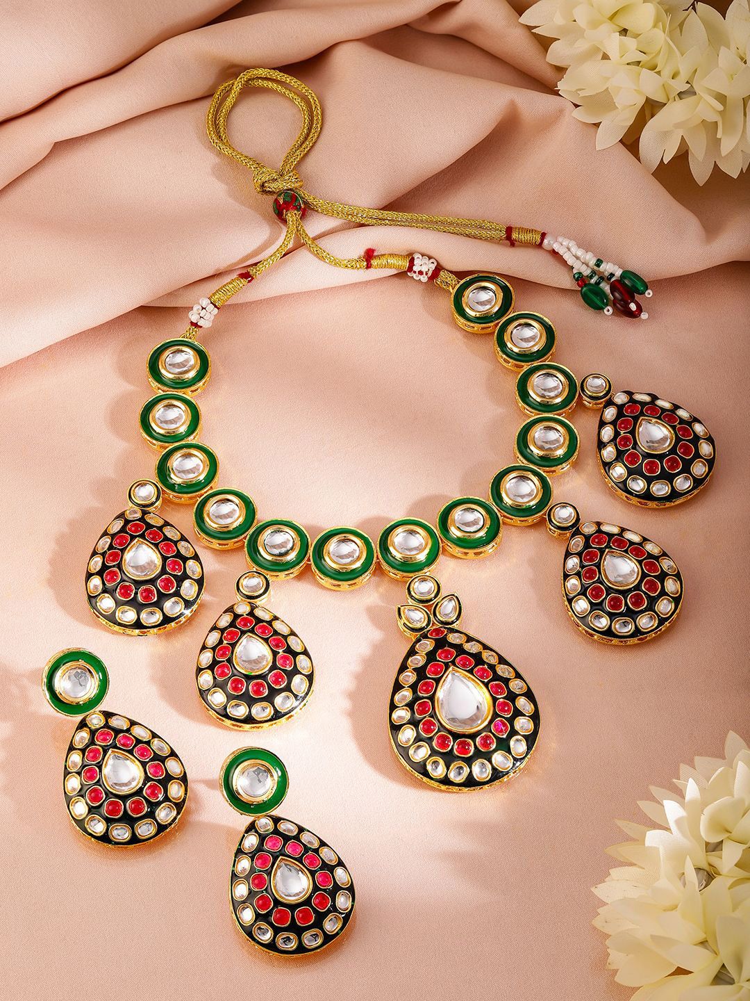 Dhiyona RJ Women's 24K Gold-Plated Green & Black Enamel Border Ruby Pink & White Kundan Necklace Set