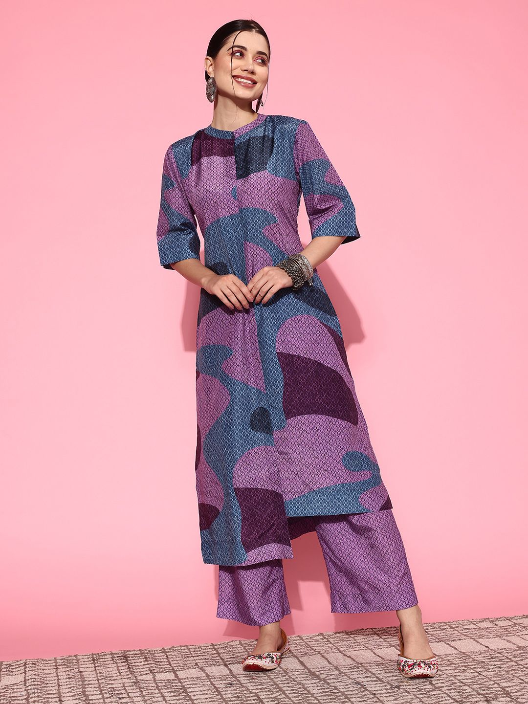 Dhiyona VA Women'sAbstract Printed Mandarin Collar Kurta with Palazzos
