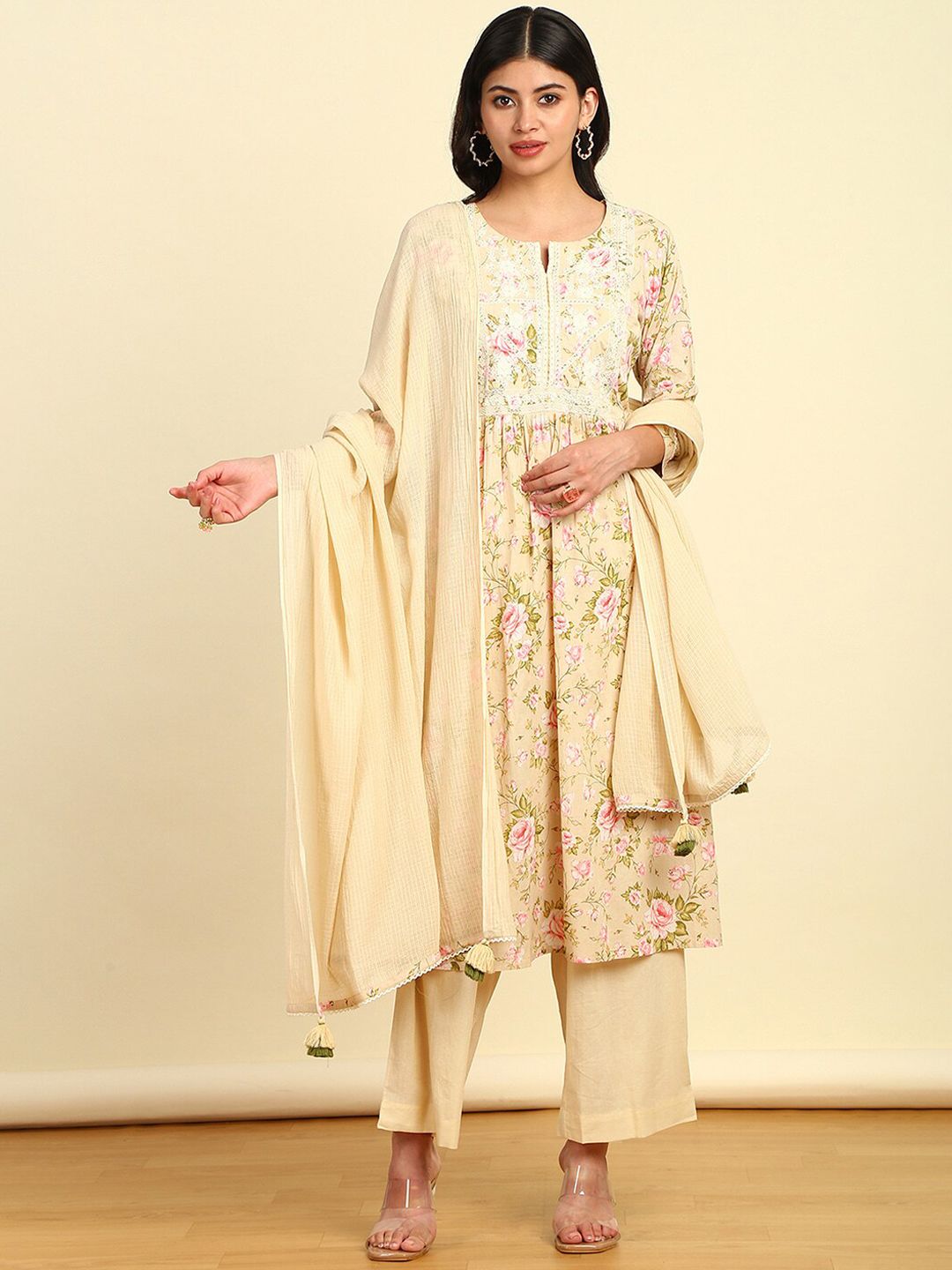 Dhiyona SO Women's Floral Printed Pleated Thread Work Kurta with Palazzo & Dupatta