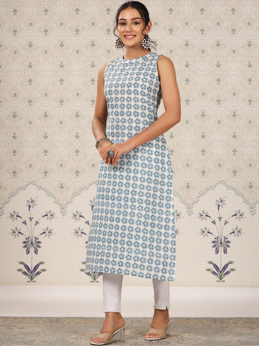 Dhiyona OD Floral Printed Sleeveless A-Line Cotton Kurta