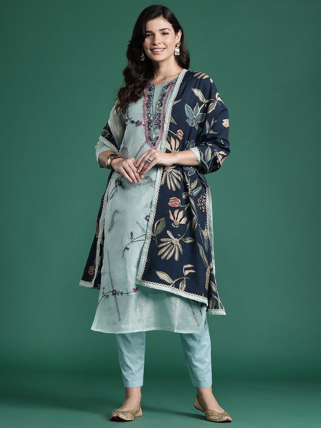 Dhiyona IE Floral Embroidered Thread Work Pure Cotton Kurta with Trousers & With Dupatta