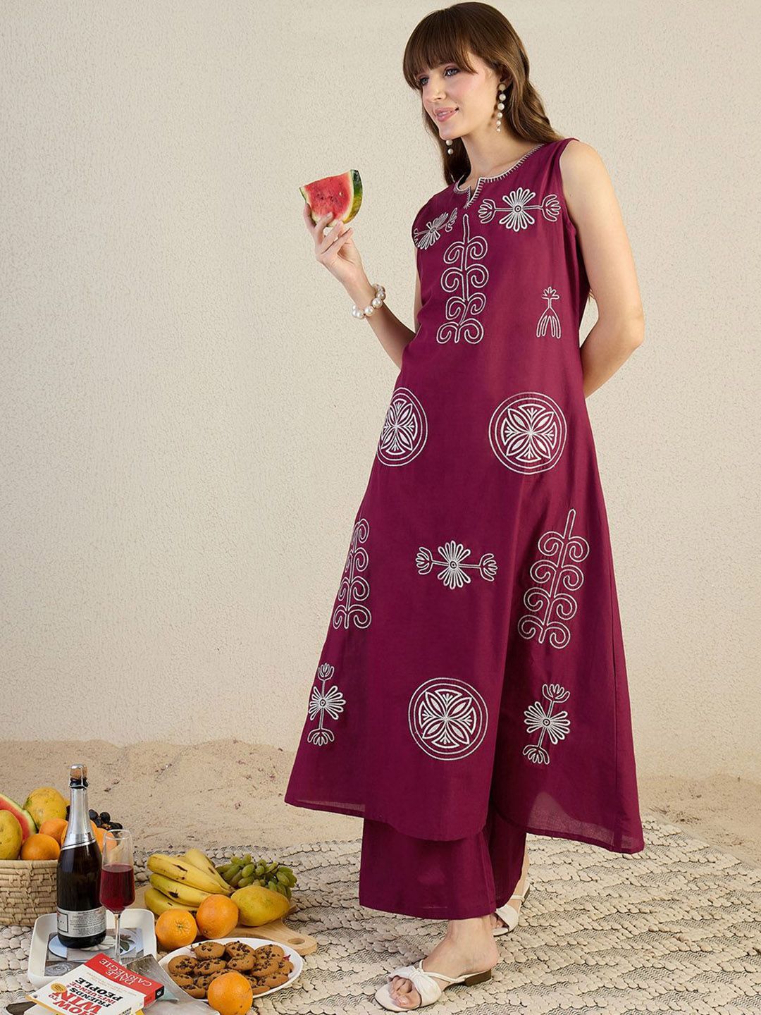 Dhiyona IE Embroidered Round Neck Pure Cotton Top With Palazzos Co-Ords