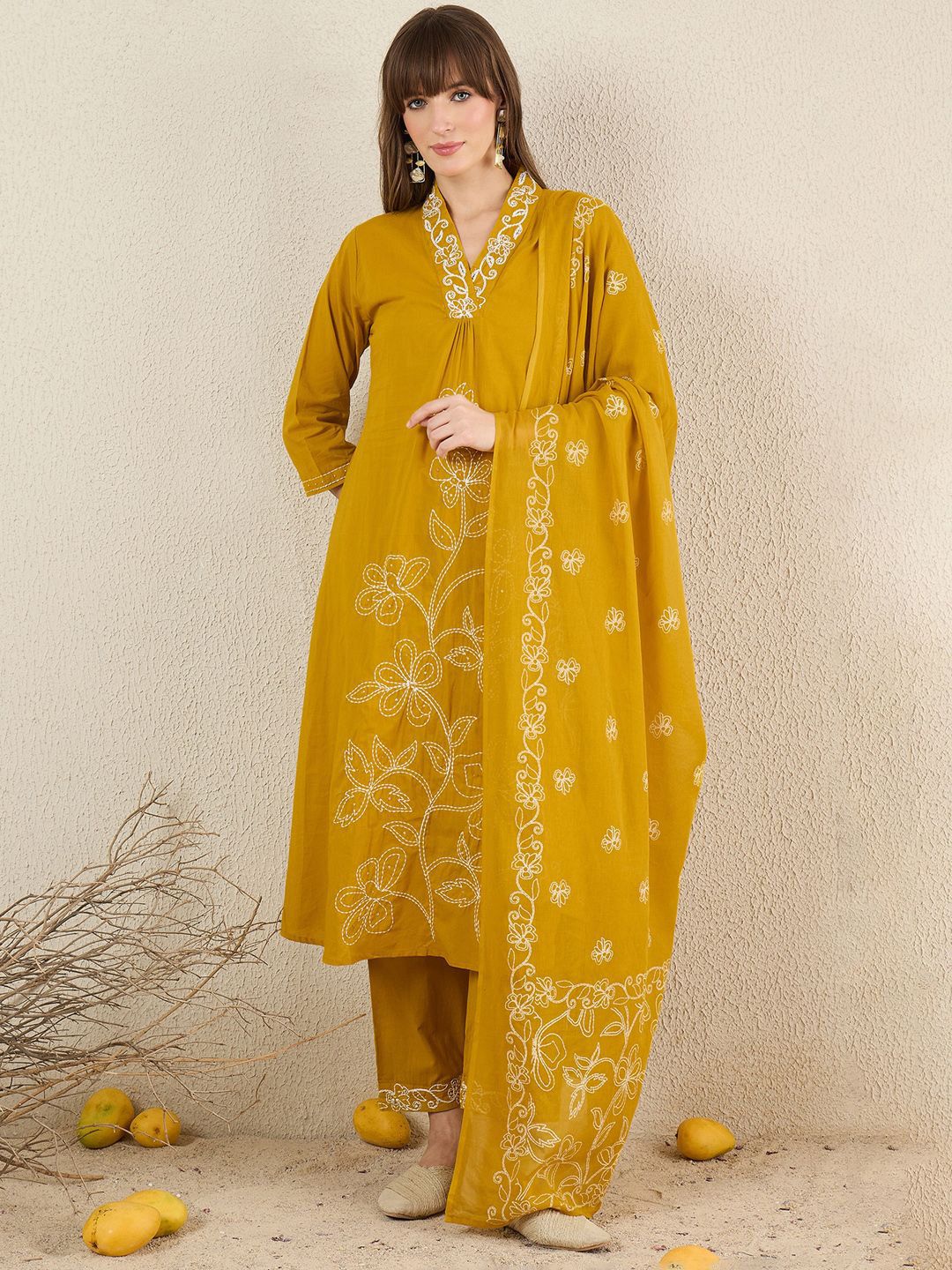 Dhiyona IE Women Solid Embroidered Cotton Kurta with Trousers & Dupatta