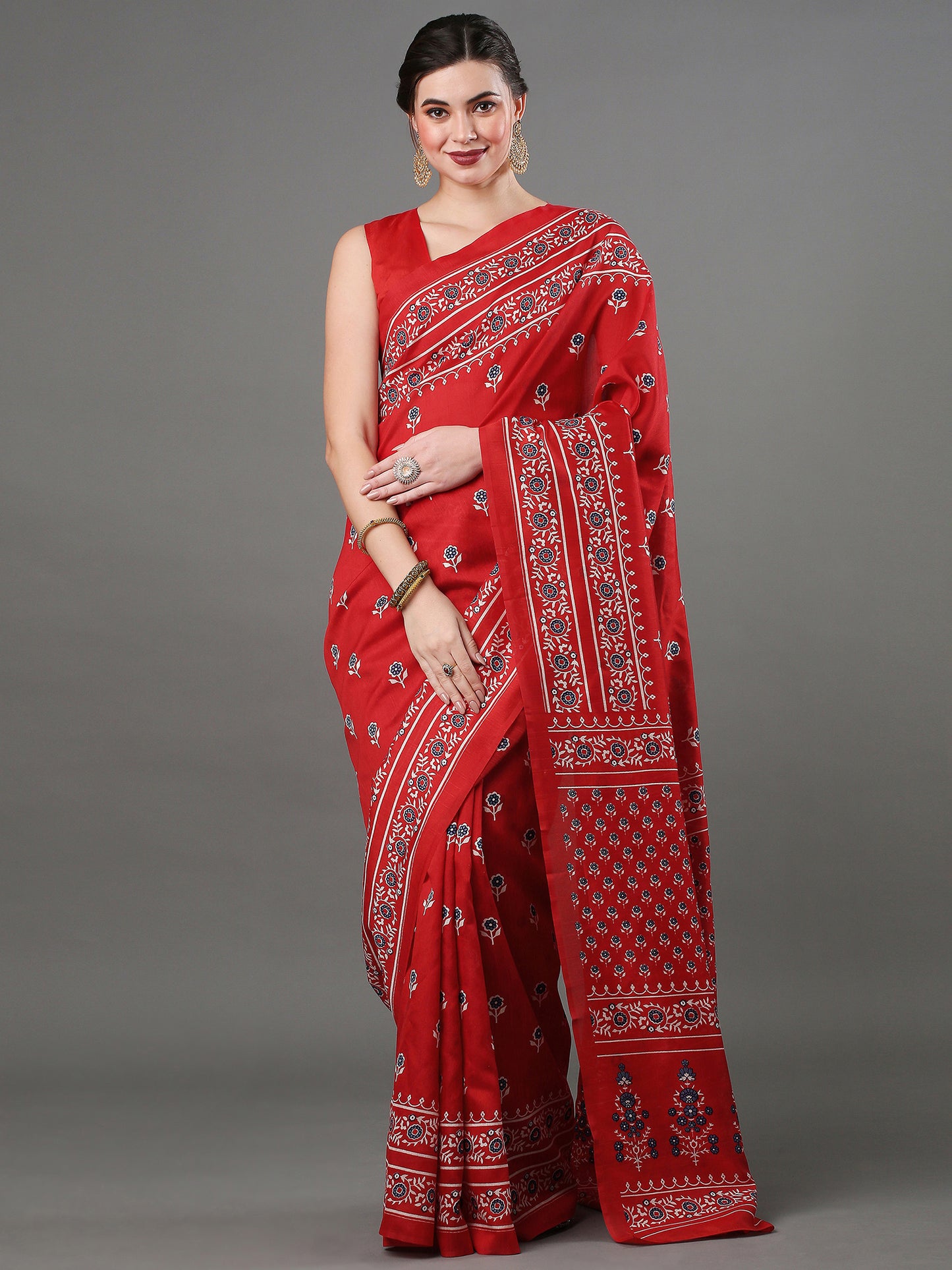 Women's Bhagalpuri Silk Red Printed Designer Saree With Blouse Piece