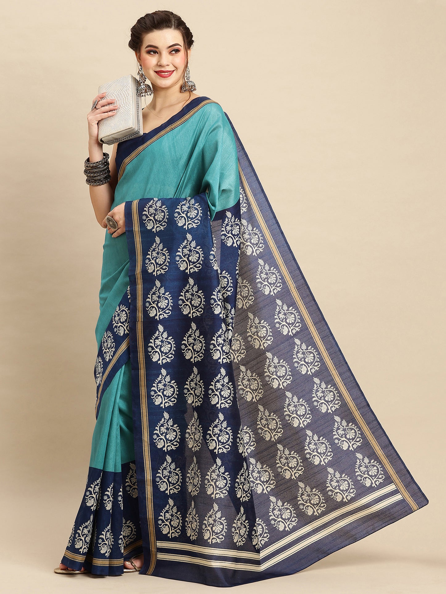 Women's Bhagalpuri Silk Blue Printed Designer Saree With Blouse Piece