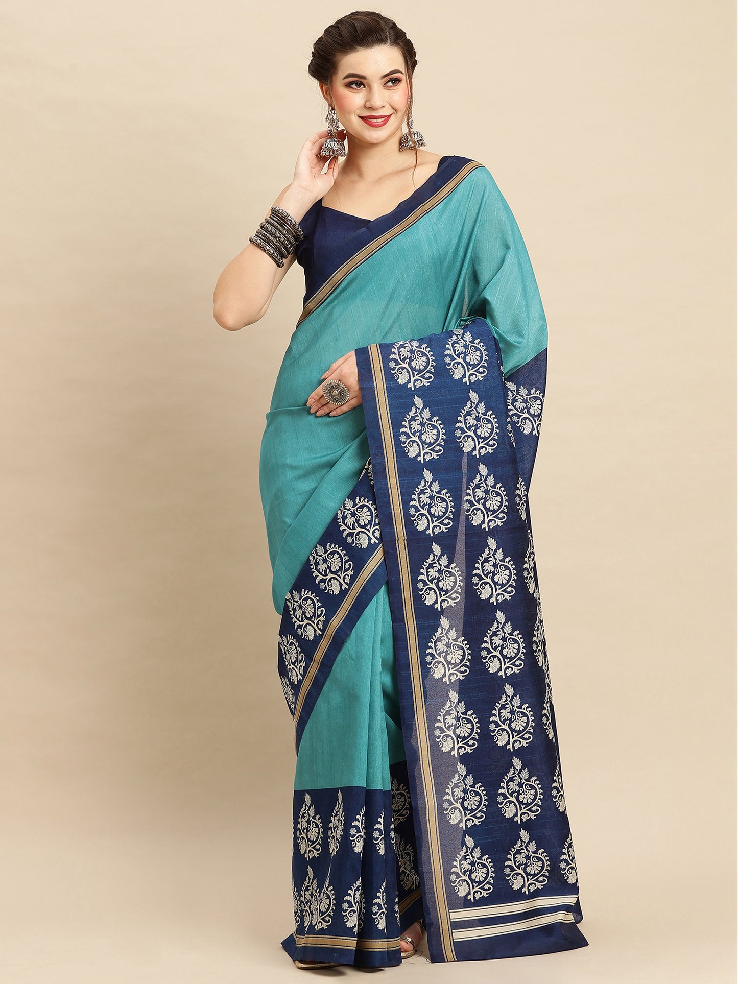 Women's Bhagalpuri Silk Blue Printed Designer Saree With Blouse Piece