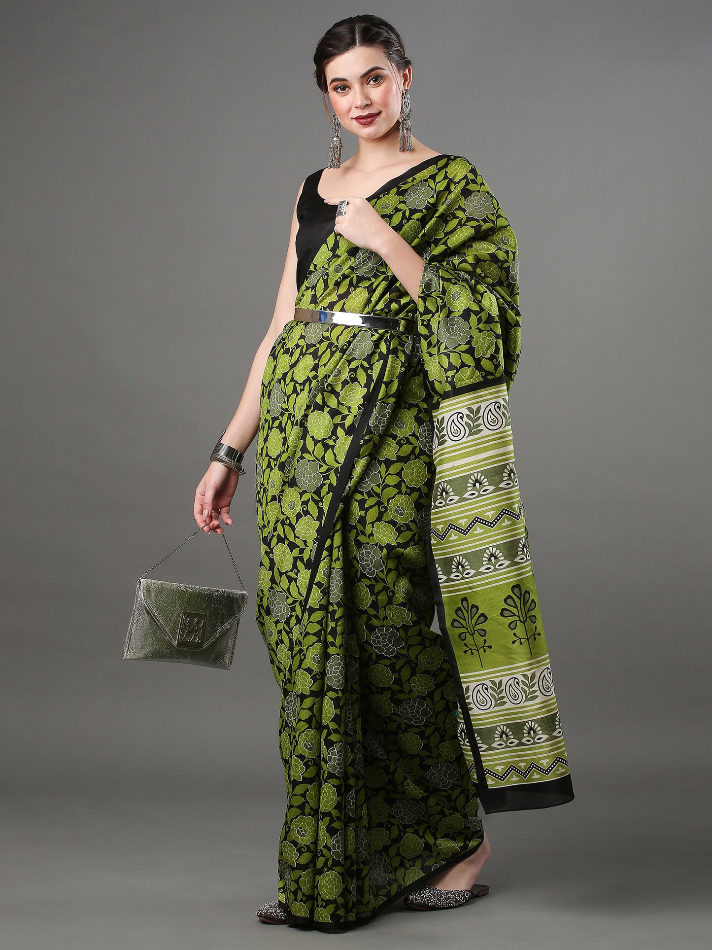 Women's Bhagalpuri Silk Green Printed Designer Saree With Blouse Piece
