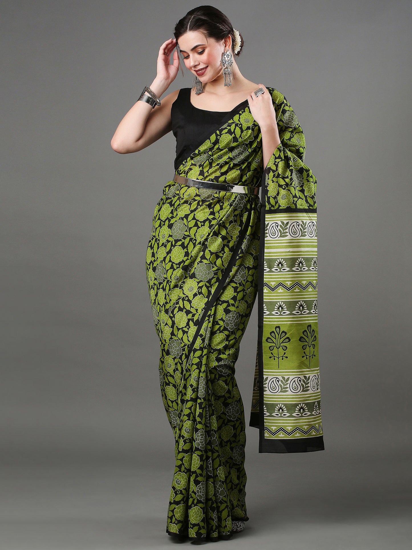 Women's Bhagalpuri Silk Green Printed Designer Saree With Blouse Piece