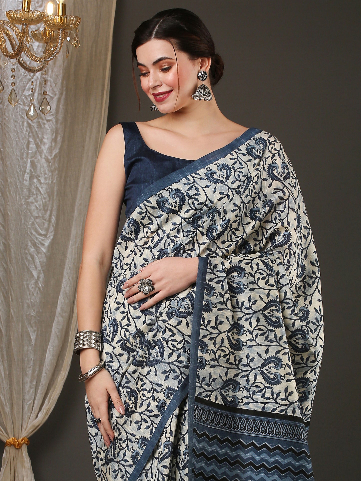 Women's Bhagalpuri Silk Off White Printed Designer Saree With Blouse Piece