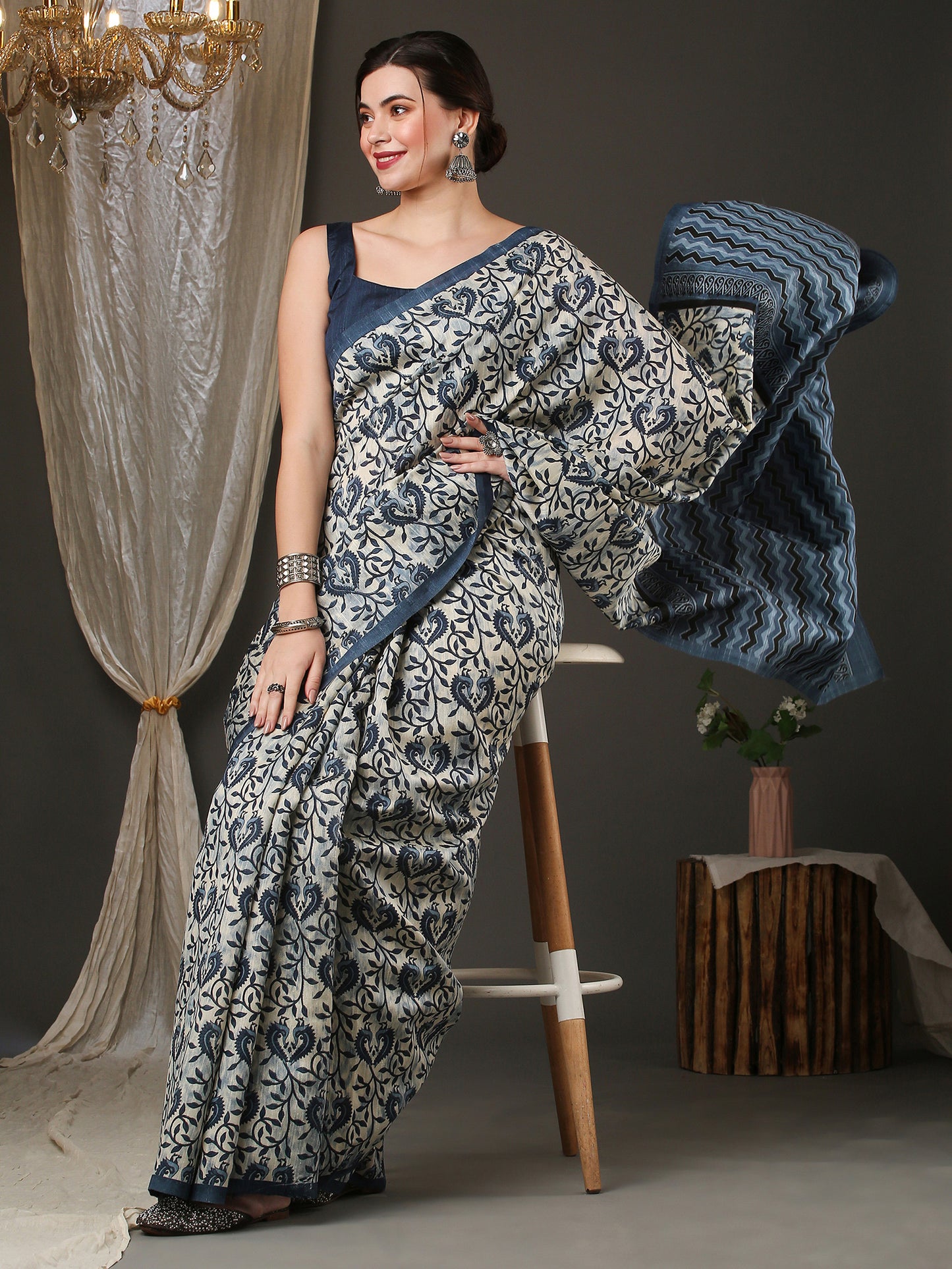 Women's Bhagalpuri Silk Off White Printed Designer Saree With Blouse Piece