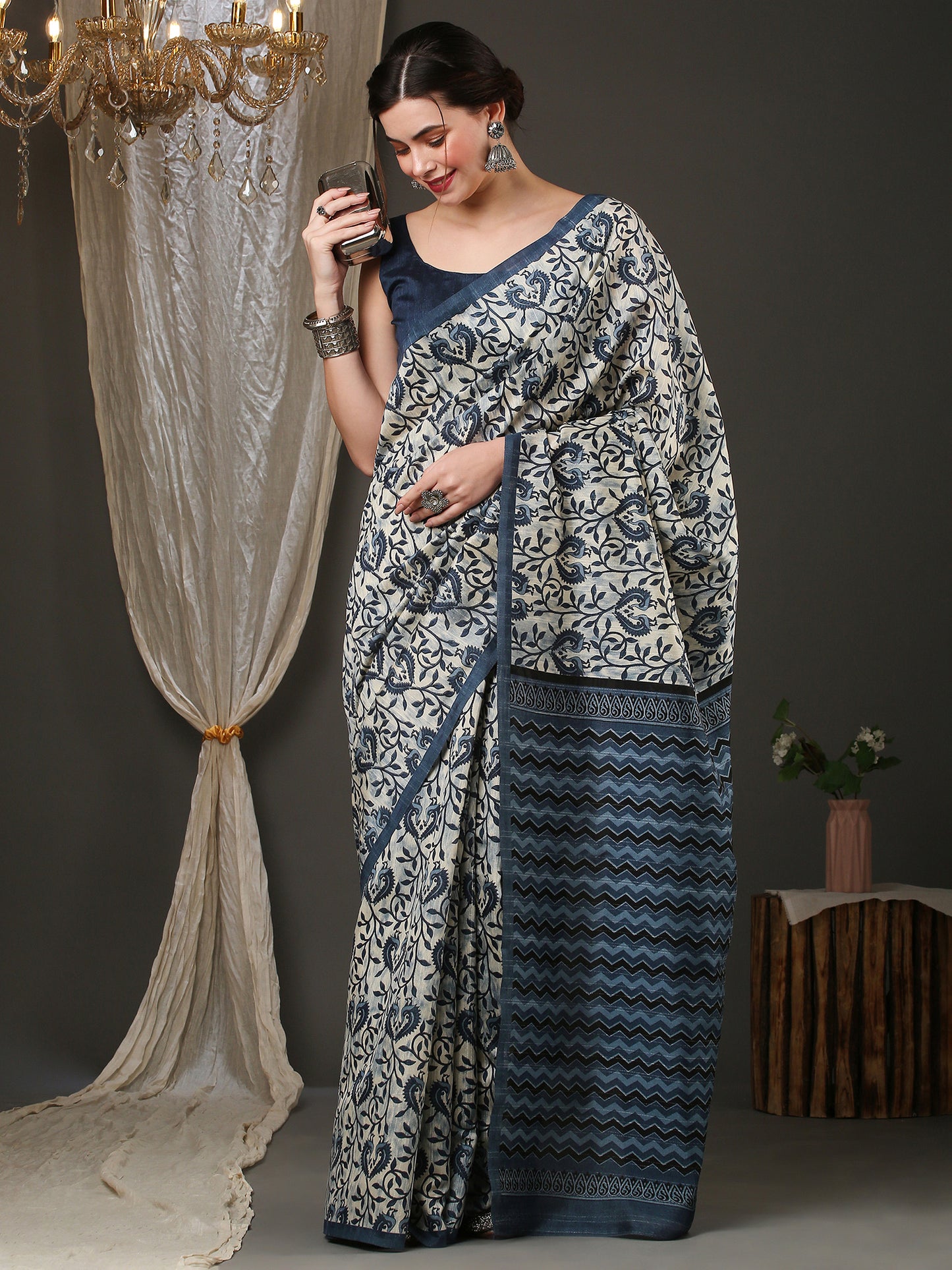 Women's Bhagalpuri Silk Off White Printed Designer Saree With Blouse Piece