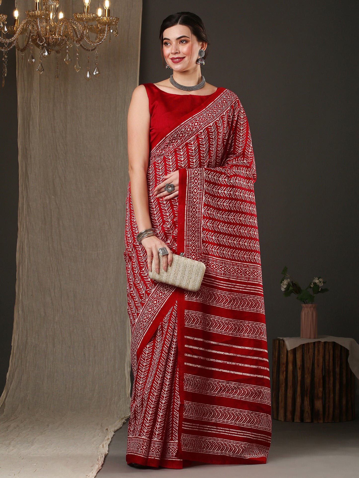 Women's Bhagalpuri Silk Red Printed Designer Saree With Blouse Piece