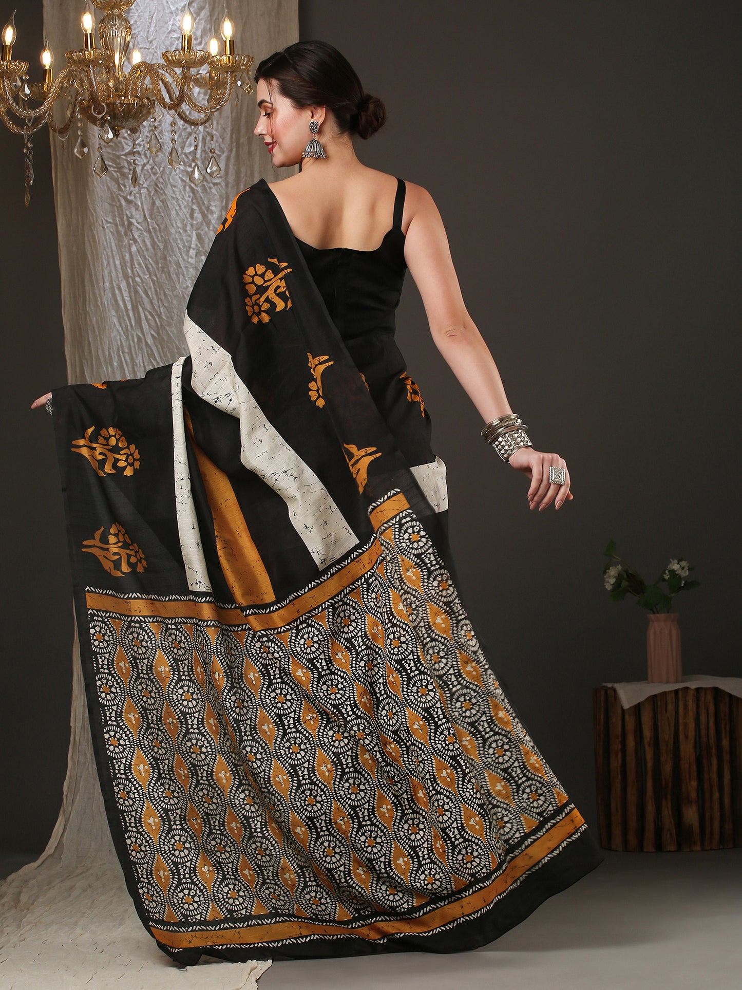 Women's Bhagalpuri Silk Black Printed Designer Saree With Blouse Piece