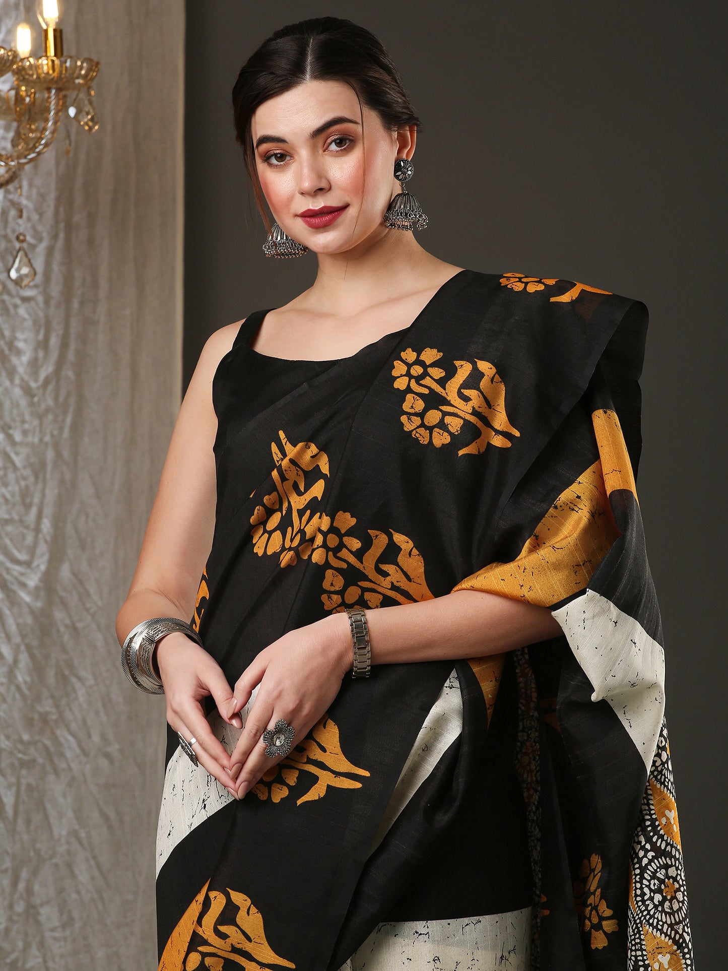 Women's Bhagalpuri Silk Black Printed Designer Saree With Blouse Piece
