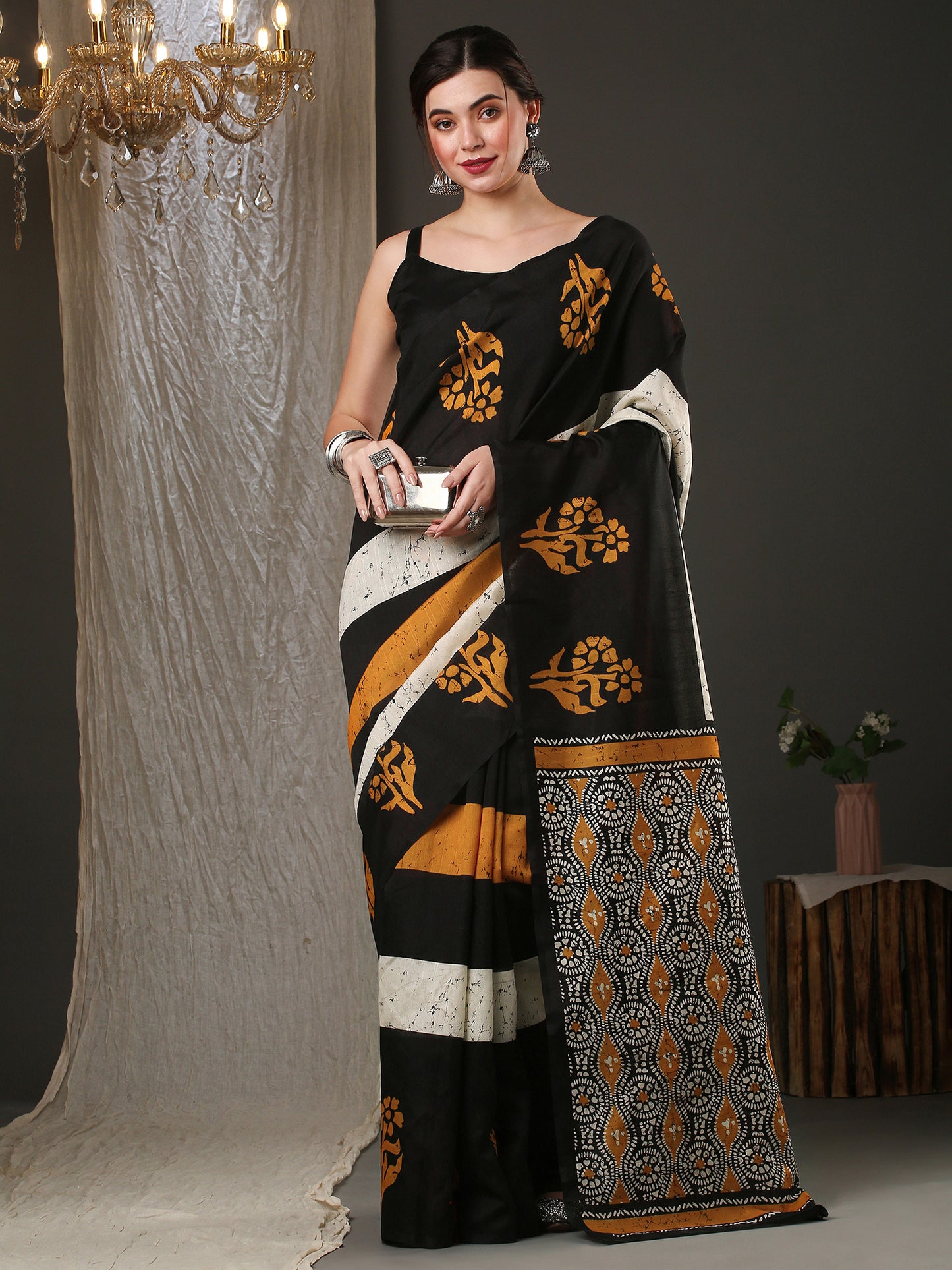 Women's Bhagalpuri Silk Black Printed Designer Saree With Blouse Piece