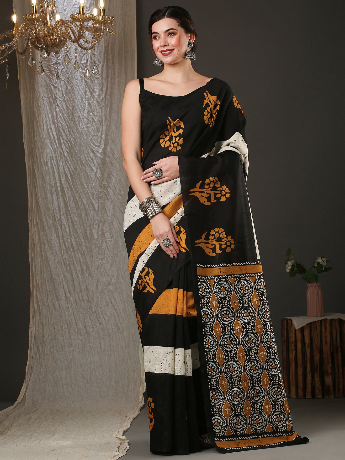 Women's Bhagalpuri Silk Black Printed Designer Saree With Blouse Piece