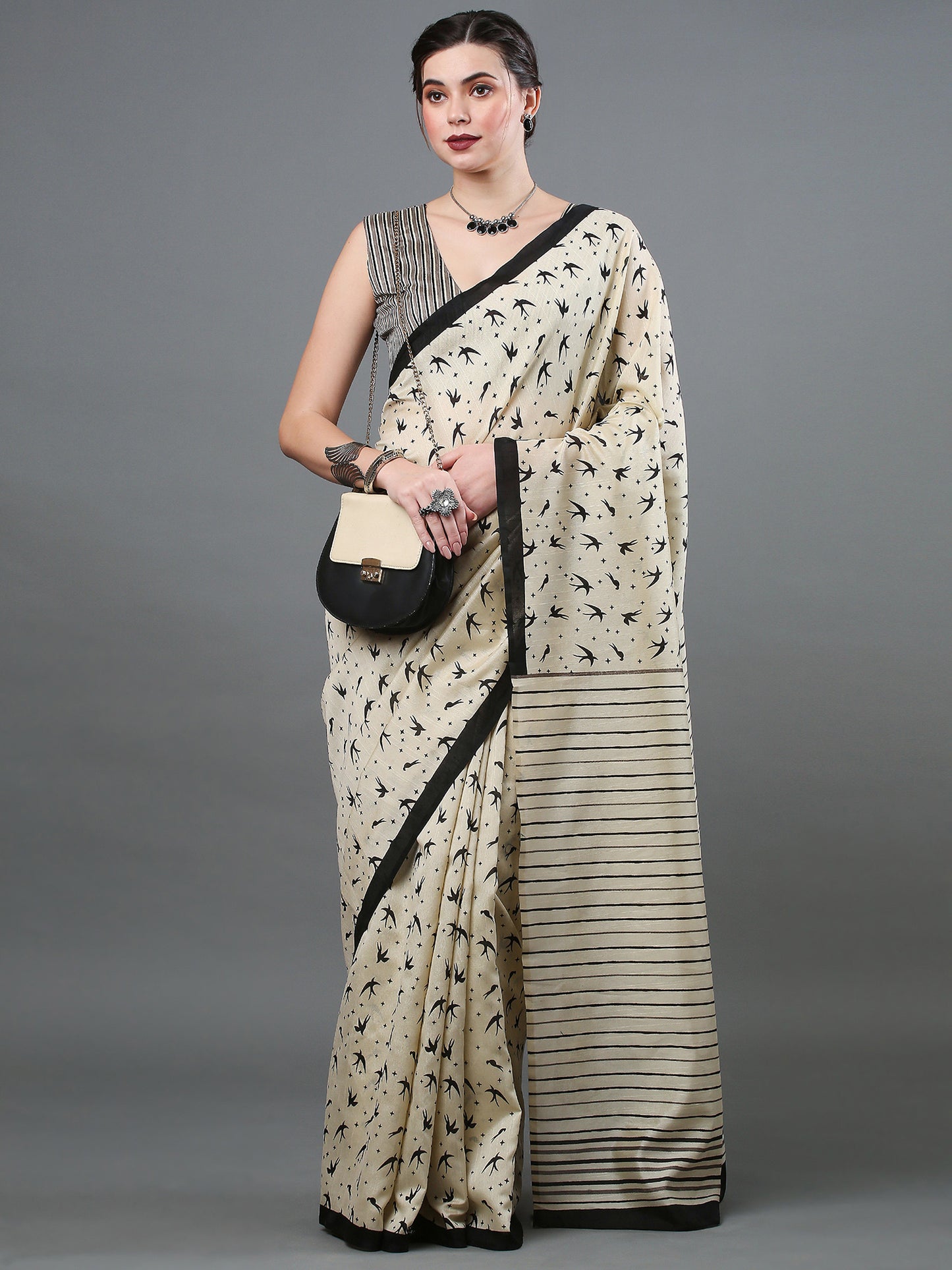 Women's Bhagalpuri Silk Cream Printed Designer Saree With Blouse Piece