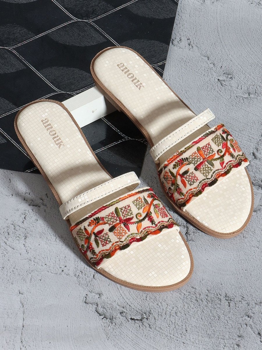 Dhiyona AK Cream-Coloured Embellished Open Toe Flats