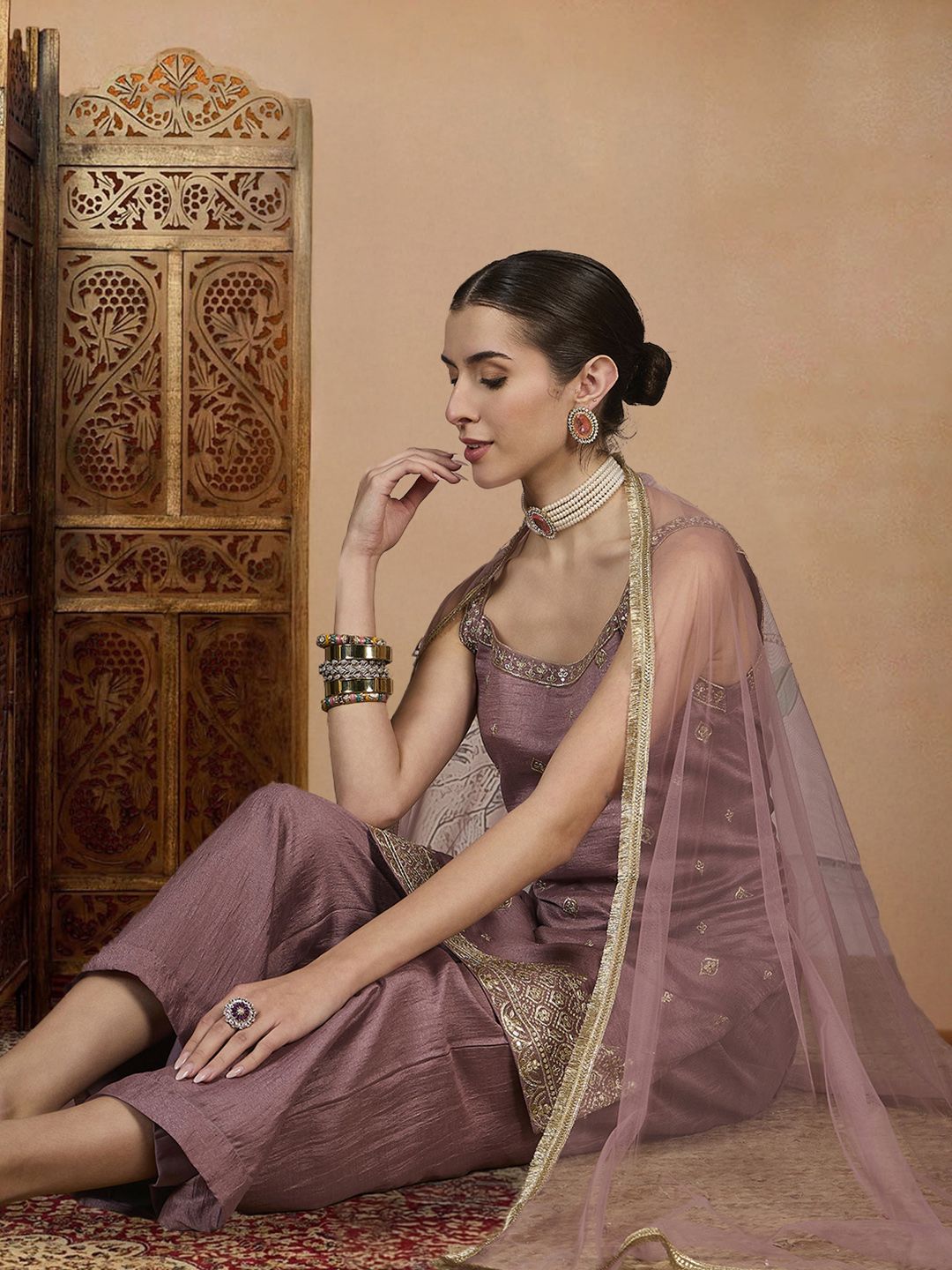 Dhiyona PD Women Embroidered Straight Kurta & Palazzos With Dupatta