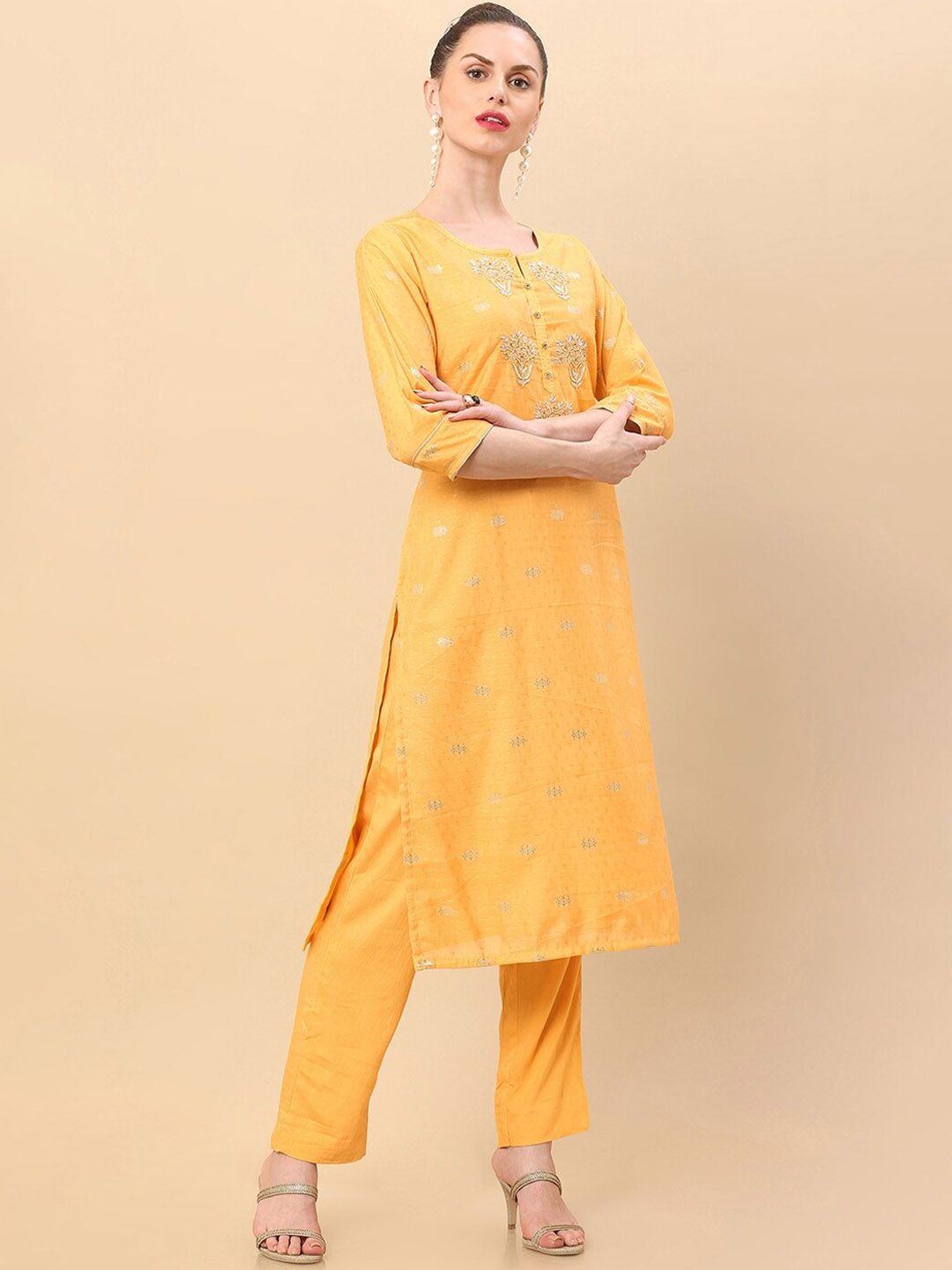 Dhiyona SO Women's Women Yellow Floral Embroidered Thread Work Chanderi Silk Kurta with Trousers