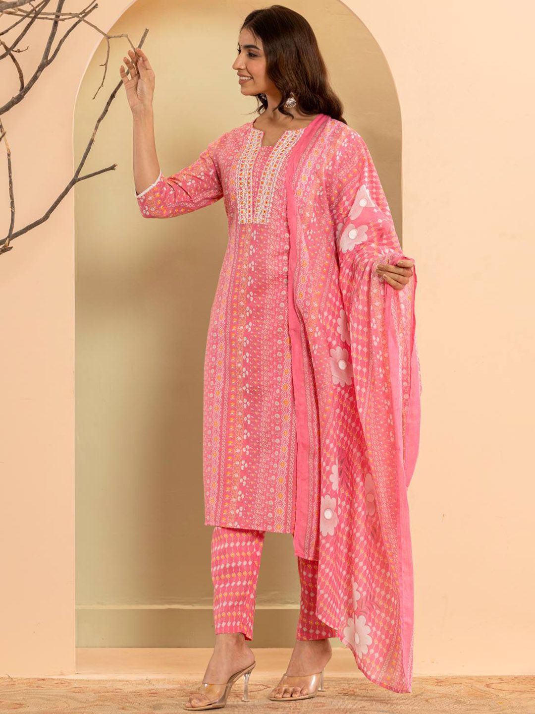 Dhiyona VA Women'sEthnic Motifs Printed Regular Mirror Work Kurta with Trousers & With Dupatta