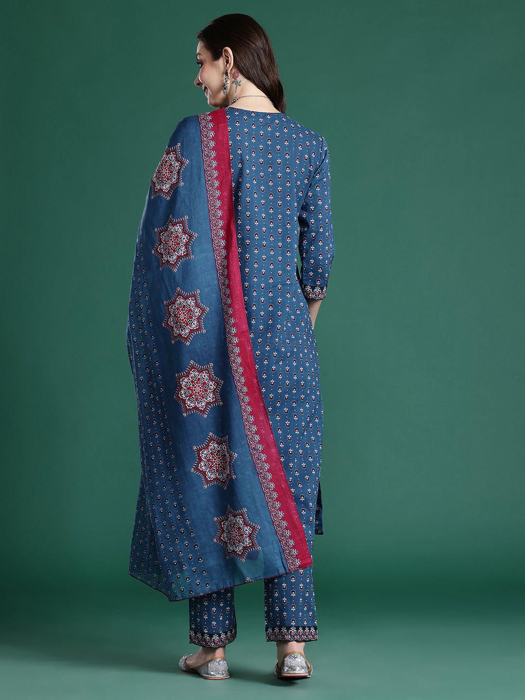 Dhiyona IE Ethnic Motifs Printed Mirror Work Pure Cotton Kurta with Trousers & With Dupatta