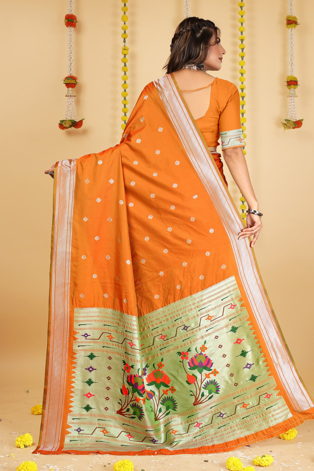 Dhiyona GR Women's Mastani Kesar Orange Zari Paithani Silk Saree