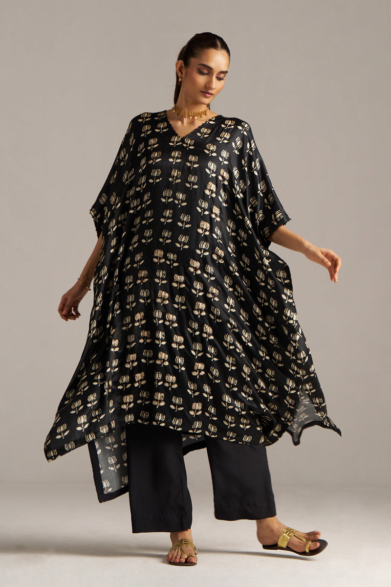 Dhiyona GF Women's Black Lotus Print Gaji Silk Festive Kaftaan Set ( Co-ord Set )