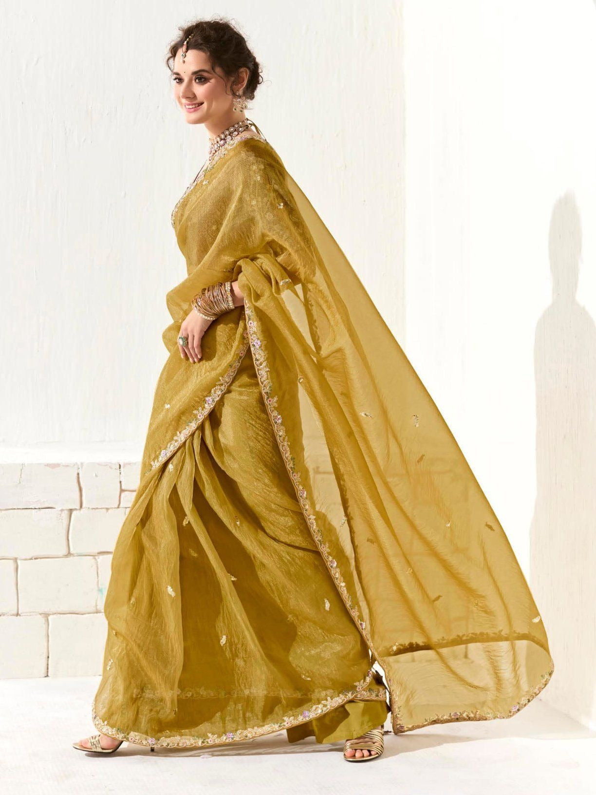 Dhiyona KM Women Mustard Tissue Silk Saree With Sequin Embellishments & Purple Embroidered Blouse