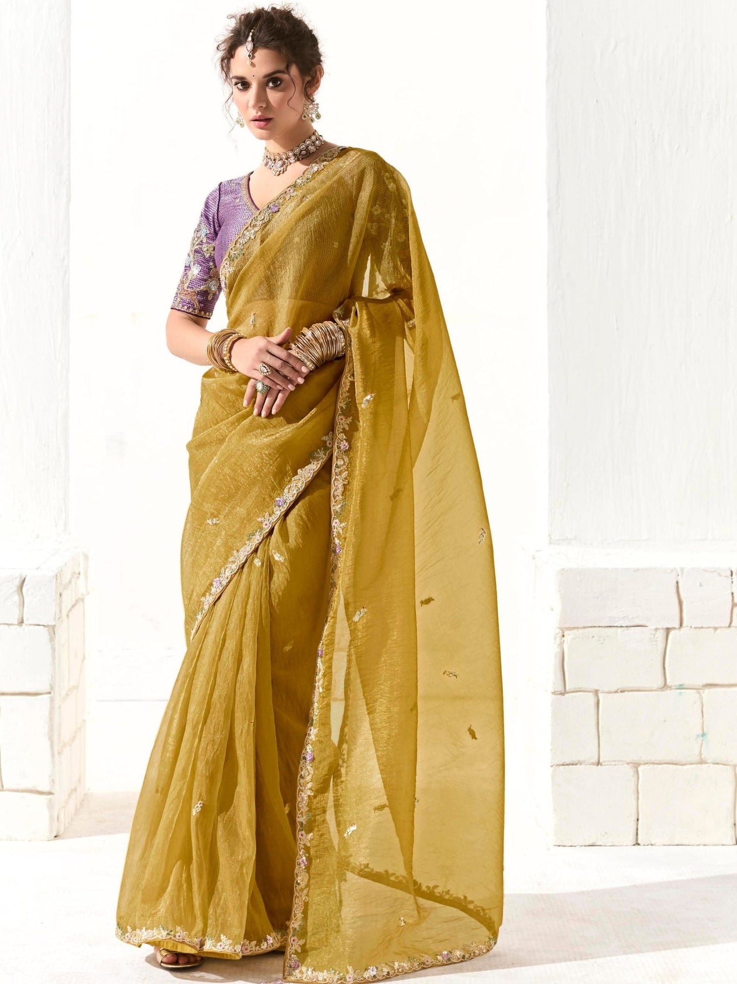 Dhiyona KM Women Mustard Tissue Silk Saree With Sequin Embellishments & Purple Embroidered Blouse